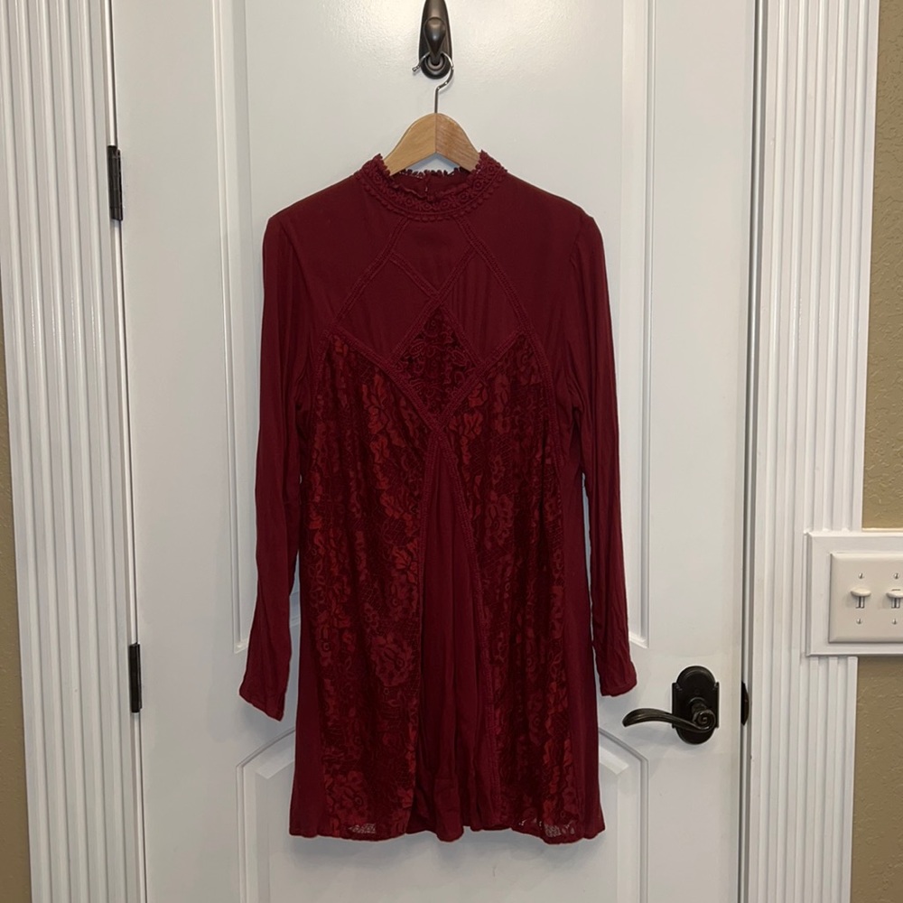 Burgundy exhilaration baby doll dress with long sleeves size large
